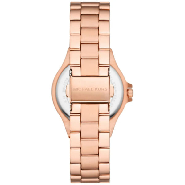 Angled overhead view of Michael Kors Mini-Lennox rose gold watch with white dial