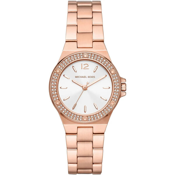 Michael Kors Mini-Lennox rose gold women's watch with white dial and pavé crystal bezel