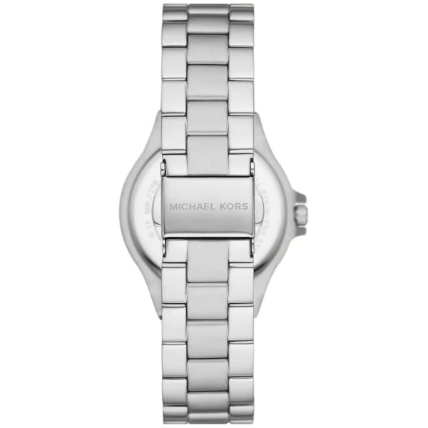 Michael Kors Mini Lennox watch caseback showing stainless steel back and MK logo
