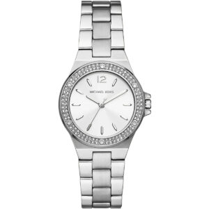 Michael Kors Mini Lennox silver-tone women's watch with crystal bezel and white dial