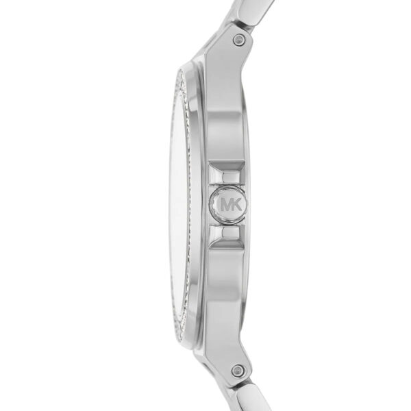 Michael Kors Mini Lennox watch side profile showing case thickness and stainless steel band