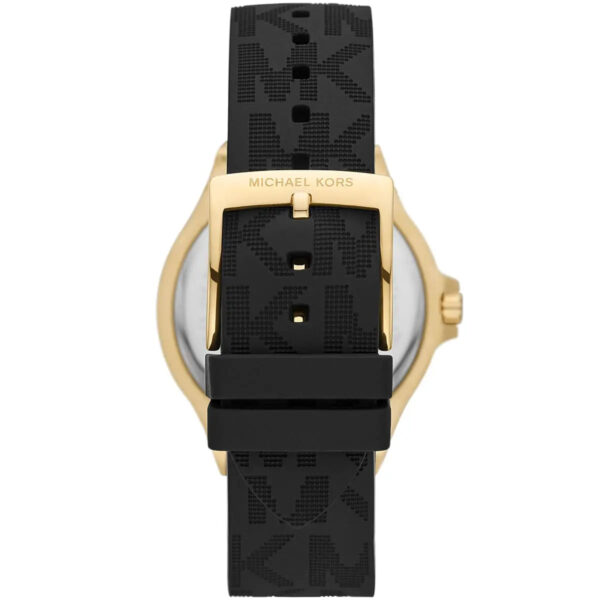 Michael Kors Lennox watch caseback showing gold-tone case with black silicone strap
