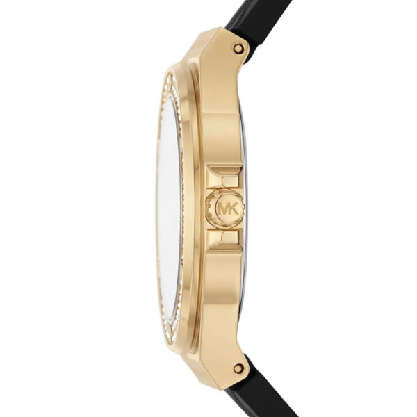 Michael Kors Lennox watch side view displaying gold-tone case profile and crystal bezel