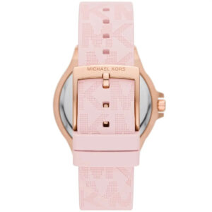 Angled view of Lennox MK7282 watch face with rose gold case and pink monogram strap