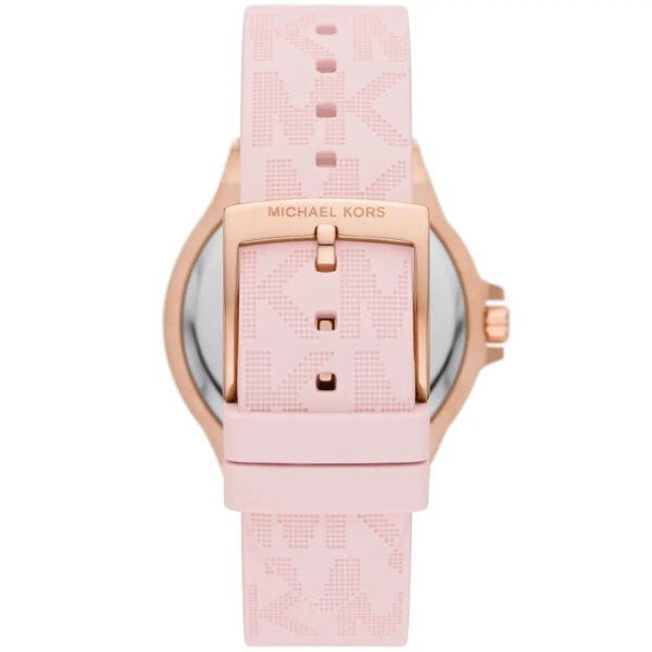 Angled view of Lennox MK7282 watch face with rose gold case and pink monogram strap