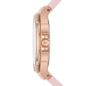 Side view of MK7282 showing rose gold case with Michael Kors logo and pink silicone strap