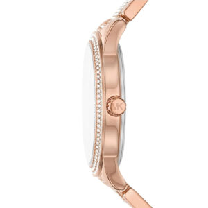 Michael Kors Tibby women's watch shown in profile with rose gold stainless steel case and crystal-set band