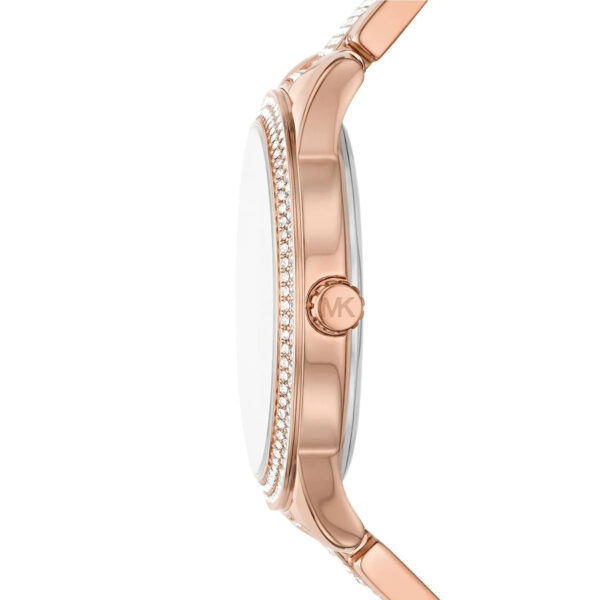 Michael Kors Tibby women's watch shown in profile with rose gold stainless steel case and crystal-set band