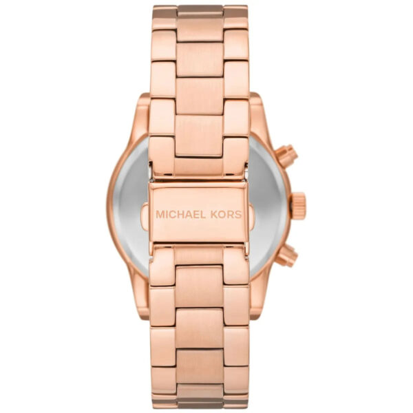 Michael Kors Ritz watch caseback displaying stainless steel back with brand name engraving