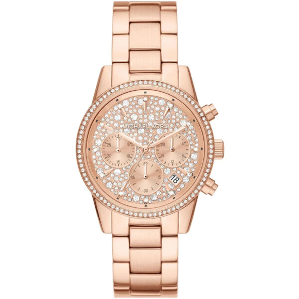 Michael Kors Ritz women's watch with rose gold-tone case, crystal-paved dial, and chronograph subdials