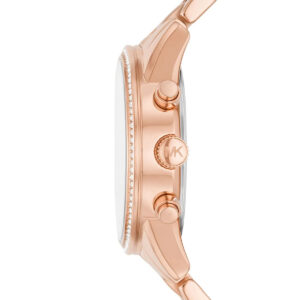 Michael Kors Ritz watch side view showing rose gold case profile with crystal bezel and chronograph pushers