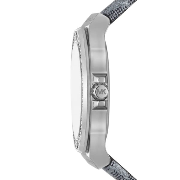 Side profile of Michael Kors Lennox watch showing case thickness and crown detail