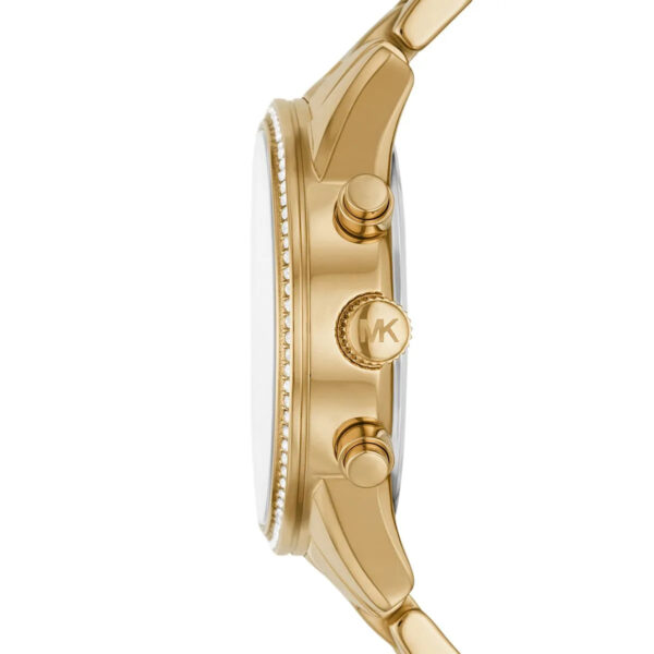 Michael Kors Ritz side profile showing gold-tone case, crystal dial, and chronograph pushers