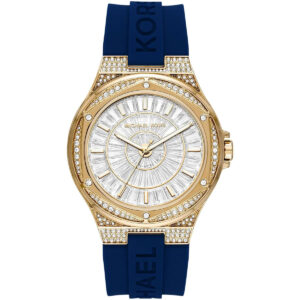 Michael Kors Oversized Lennox Pavé watch with gold-tone case, crystal bezel, white dial, and blue silicone strap