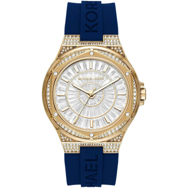 Michael Kors Oversized Lennox Pavé watch with gold-tone case, crystal bezel, white dial, and blue silicone strap