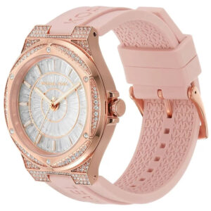 Michael Kors Lennox watch three-quarter view showing rose gold case and pink rubber strap