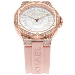 Close-up of Michael Kors Lennox white dial with pavé crystal bezel and rose gold case