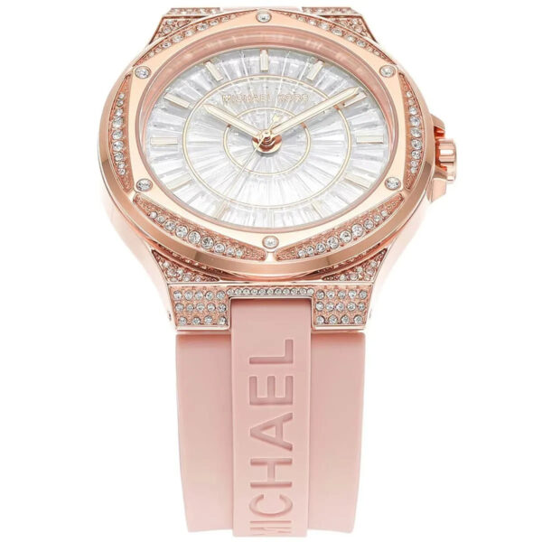 Close-up of Michael Kors Lennox white dial with pavé crystal bezel and rose gold case