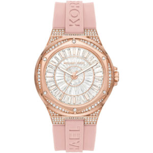 Michael Kors Lennox rose gold pavé watch with white dial and pink silicone strap
