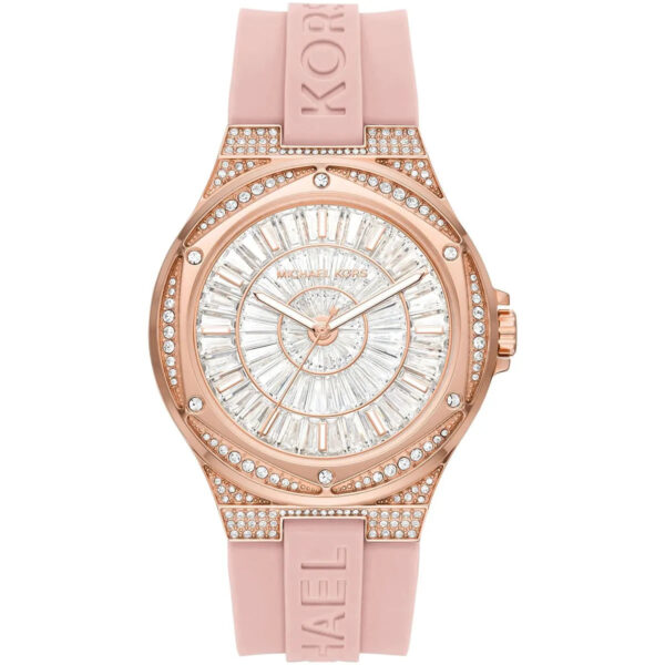 Michael Kors Lennox rose gold pavé watch with white dial and pink silicone strap