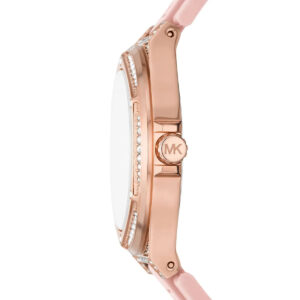 Side view of Michael Kors Lennox showing rose gold case with pavé details and pink strap