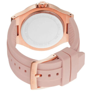 Pink silicone strap with Michael Kors branding and deployment clasp on rose gold case
