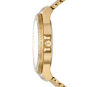 Side view of Michael Kors Lennox watch showing gold-tone case and mesh strap