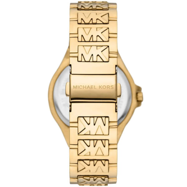 Michael Kors Lennox gold watch caseback with stainless steel strap and MK logo