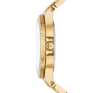 Michael Kors Lennox watch side profile showing crystal bezel and gold case