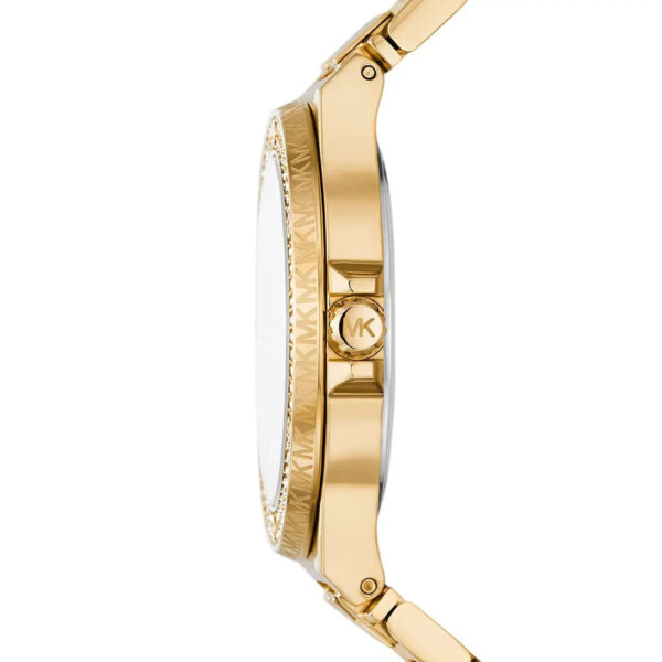 Michael Kors Lennox watch side profile showing crystal bezel and gold case