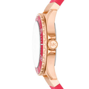 Michael Kors Everest watch side view showing rose gold case and pink silicone strap profile
