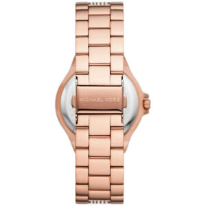 Michael Kors Lennox watch caseback showing rose gold stainless steel case