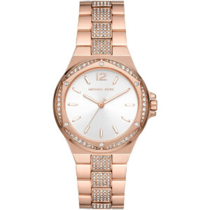 Michael Kors Lennox rose gold-tone women's watch with white dial and crystal bezel