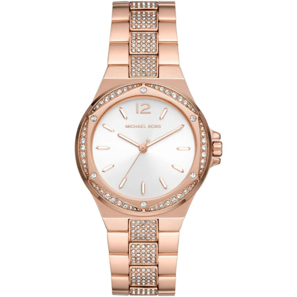 Michael Kors Lennox rose gold-tone women's watch with white dial and crystal bezel
