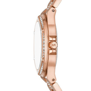 Michael Kors Lennox watch side profile with crystal-embellished bezel and MK logo