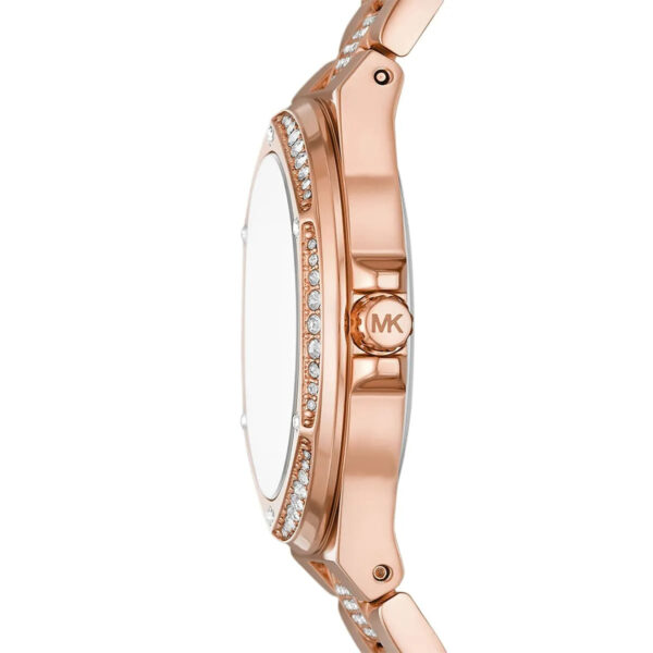Michael Kors Lennox watch side profile with crystal-embellished bezel and MK logo