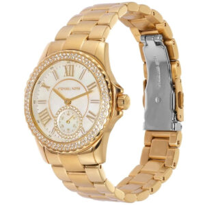 Three-quarter view of Michael Kors Mini Everest showing gold metal strap and crystal-set bezel