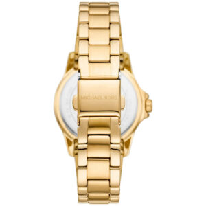 Rear view of Michael Kors Mini Everest watch showing gold metal strap and caseback
