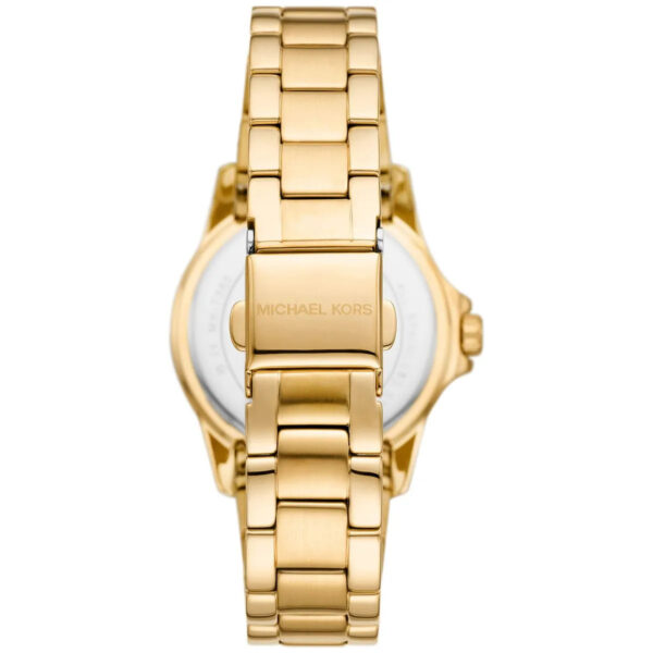 Rear view of Michael Kors Mini Everest watch showing gold metal strap and caseback
