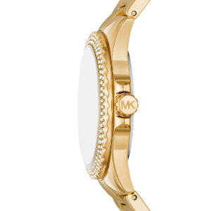 Side profile of Michael Kors Mini Everest watch with pavé crystal bezel detail and gold strap