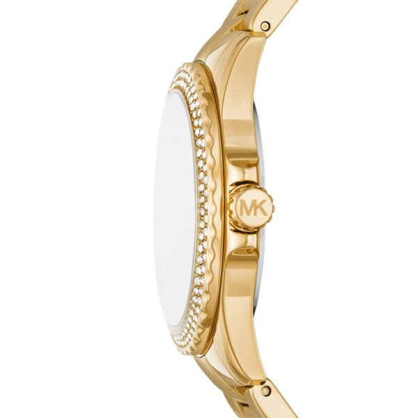 Side profile of Michael Kors Mini Everest watch with pavé crystal bezel detail and gold strap