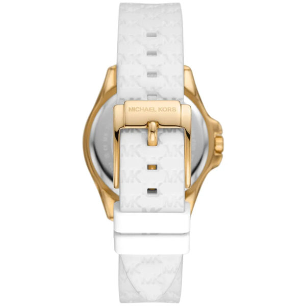 Caseback view of Michael Kors Mini Pilot showing white silicone strap with logo and gold-tone buckle