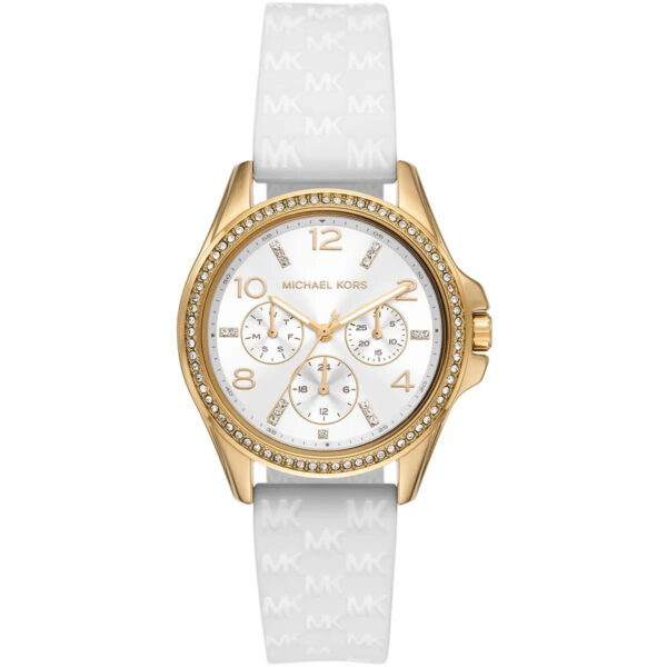 Michael Kors Mini Pilot Pavé gold-tone watch with white dial, three subdials, and white silicone strap