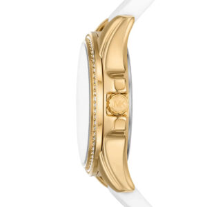 Side view of Michael Kors Mini Pilot watch showing gold-tone case profile and white silicone strap