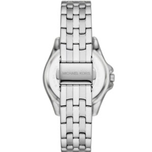 Back view of Michael Kors Pilot MK7379 watch showing caseback and silver-tone metal band