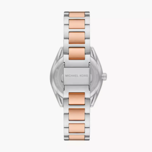 Michael Kors Janelle two-tone steel and rose gold bracelet strap with Michael Kors branding on caseback