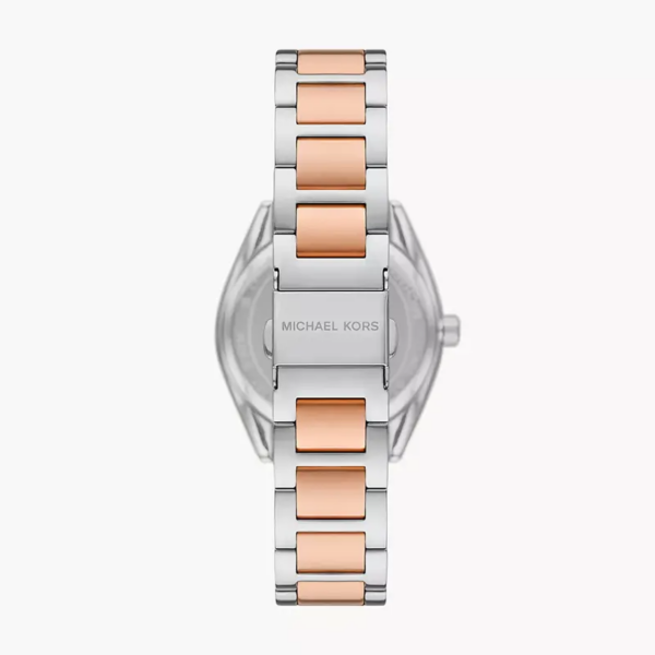 Michael Kors Janelle two-tone steel and rose gold bracelet strap with Michael Kors branding on caseback