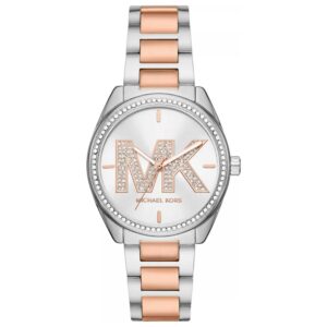 Michael Kors Janelle silver dial two-tone steel and rose gold strap women's watch with crystal bezel
