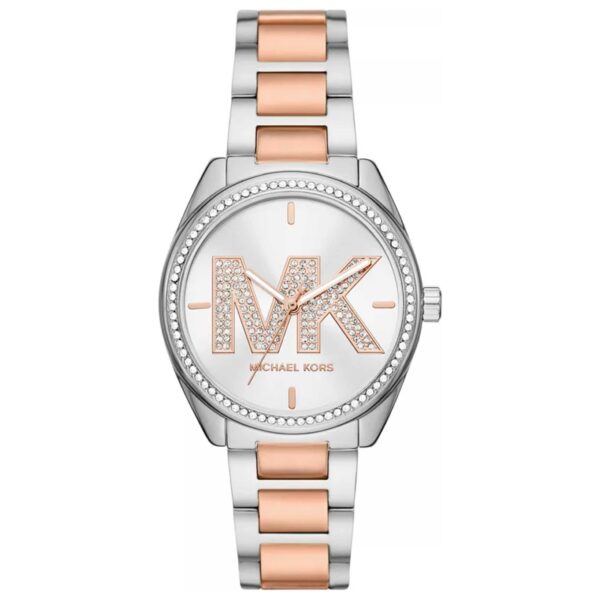 Michael Kors Janelle silver dial two-tone steel and rose gold strap women's watch with crystal bezel