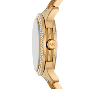 Side profile of Michael Kors Everest MK7389 showing crystal-set bezel edge and gold-tone case